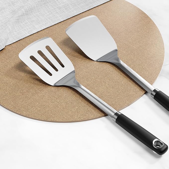 Stainless Steel Spatula Set, 2 Piece Heavy Duty Turner/Metal Spatula, High Heat Resistant Kitchen Cooking Utensils, Ideal Cookware for Frying Steak, Fish, Eggs or Pancakes