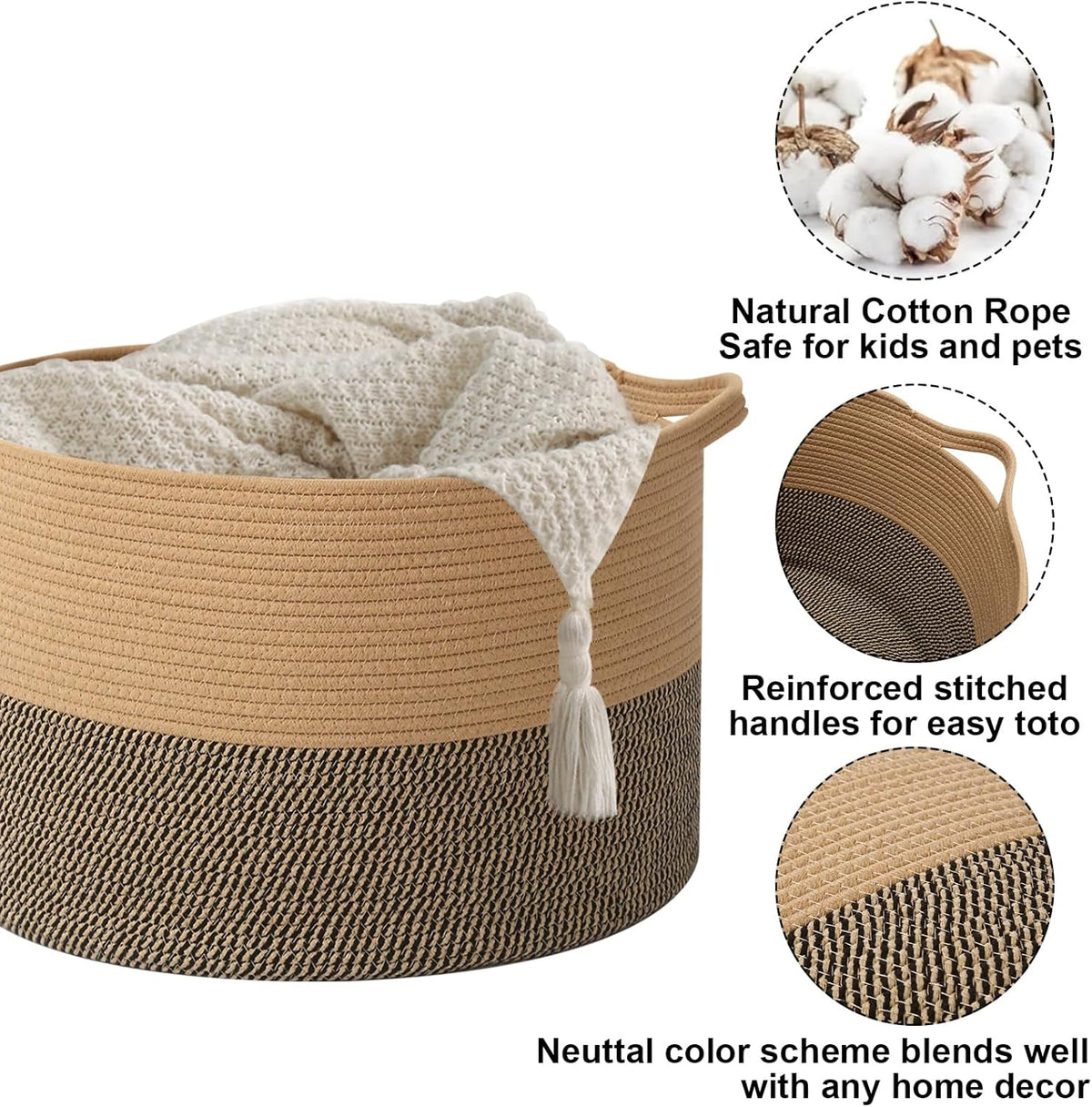 Large Blanket Basket for Organizing,65L Closet Organizers and Storage Bins Box for Shelves Woven Rope Storage Baskets,Living Room,Bedroom,Dorm,Laundry room (Jute&Black)