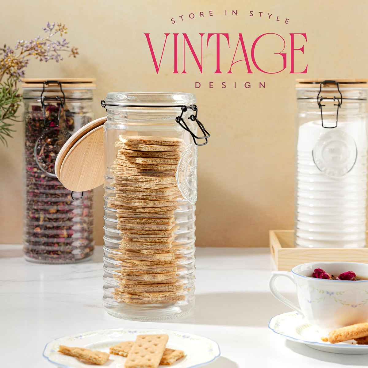 kitchentoolz Glass Storage Canister with Airtight Clasp Lids - Set of 3 Mason Jar Storage Containers for Cereal, Coffee & Rice - 56 Ounce Pantry Organizing Canister Set