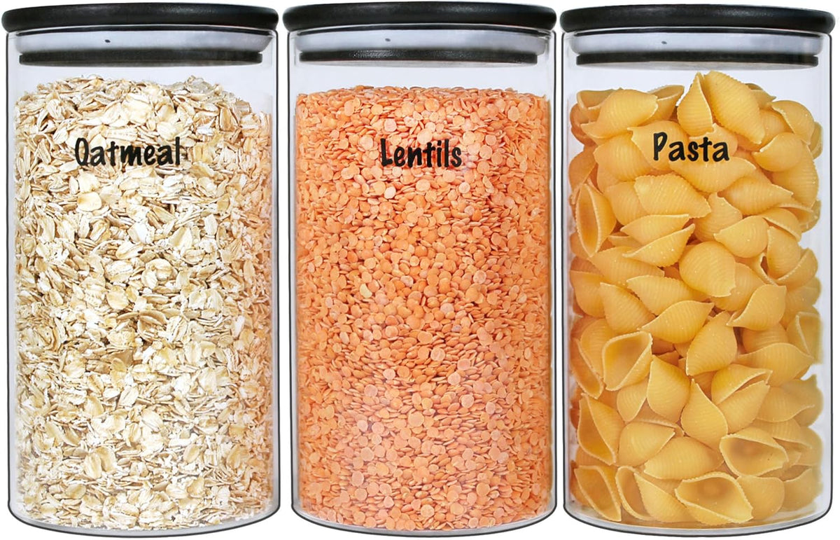 Urban Green Glass Jars with Black Lids, Glass food storage container sets with black lids, Airtight Canisters Sets with Bamboo Lids. Pantry Jar (3 Pack of 48oz)