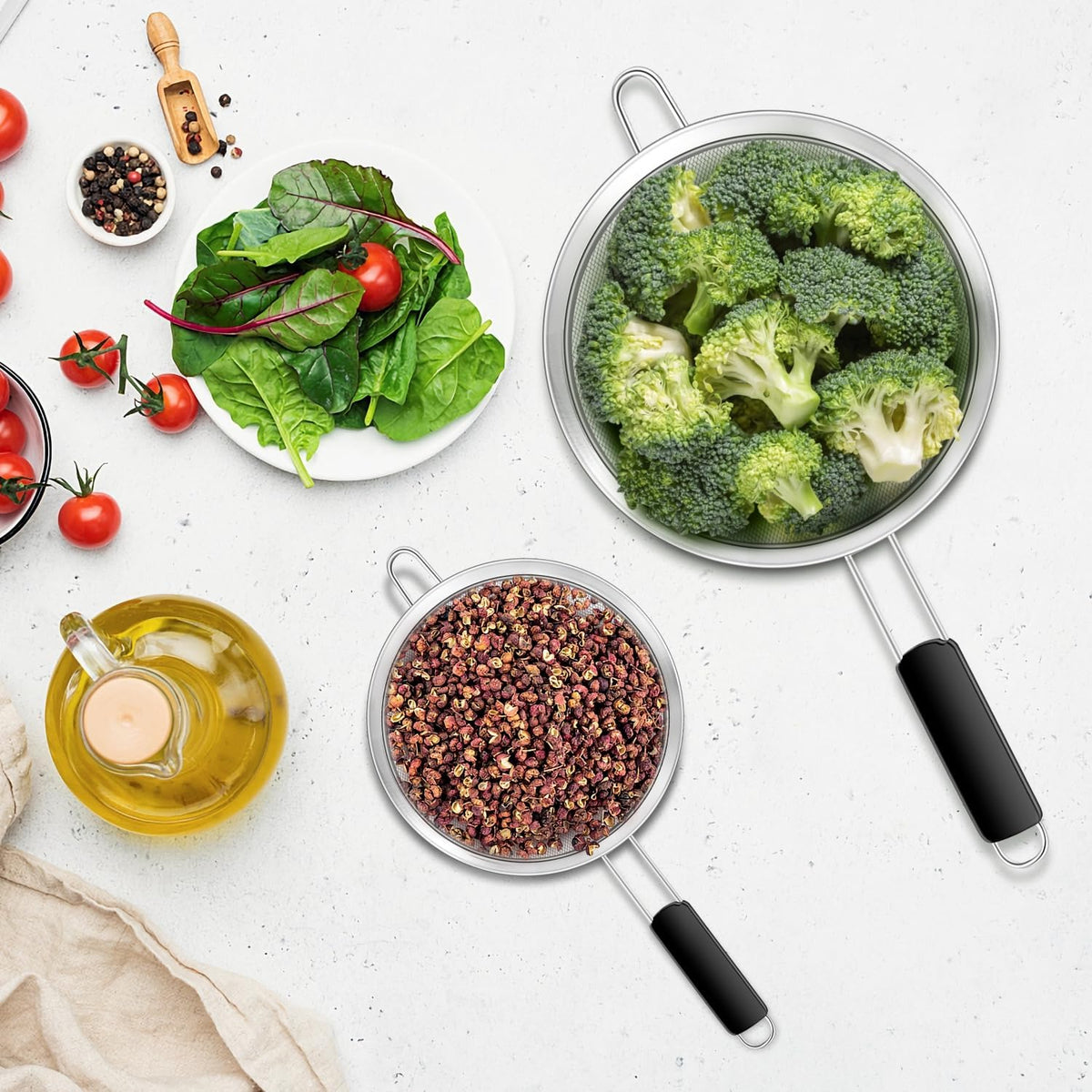 Yimi Fine Mesh Strainers Set, Stainless Steel Colanders and Sifters with Anti-Scald Handle for Sift, Strain, Drain and Rinse Vegetables, Quinoa Rice, Pastas and Tea - 2 Sizes, Ideal for Gift