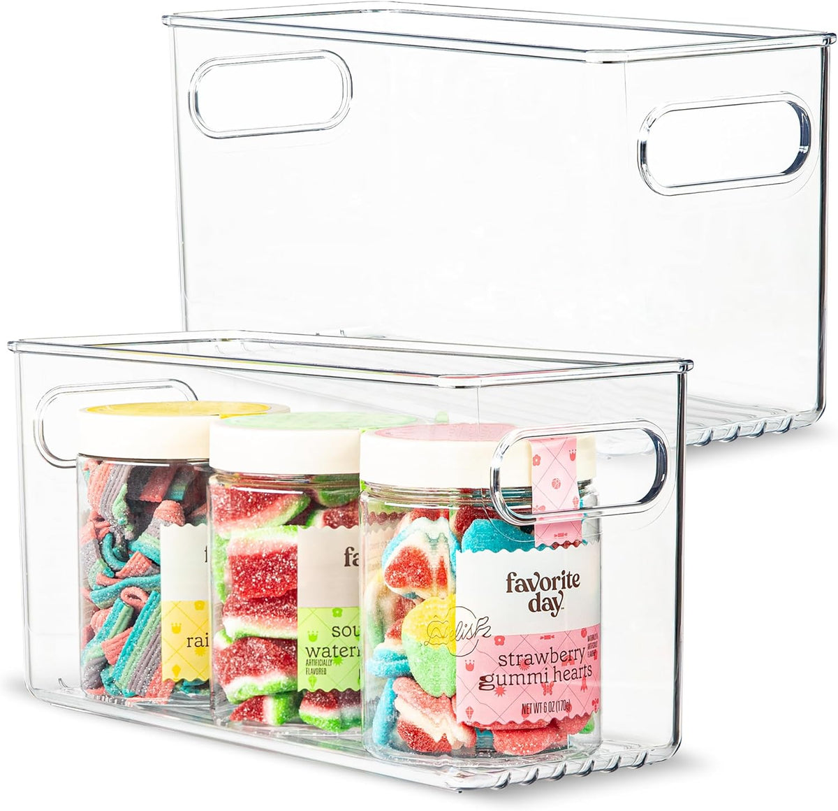 2 pack Clear Plastic Storage Container Bin with Integrated Easy Grip Handles. For Kitchen, Fridge, Freezer, Cabinet, Pantry, Bathroom Organization. 10"x4"x5"