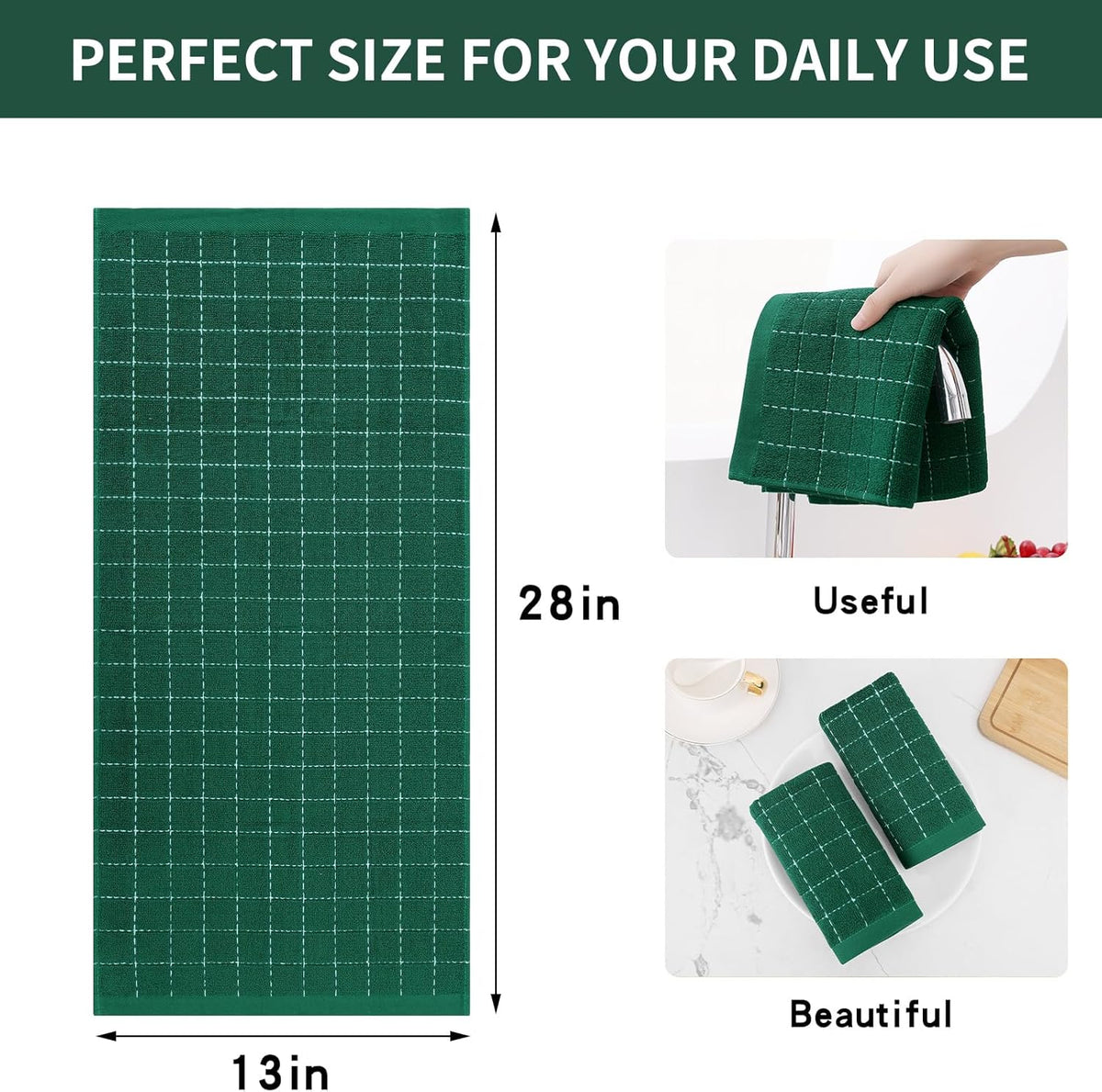 Homaxy 100% Cotton Terry Kitchen Towels(Dark Green, 13 x 28 inches), Checkered Designed, Soft and Super Absorbent Dish Towels, 12 Pack