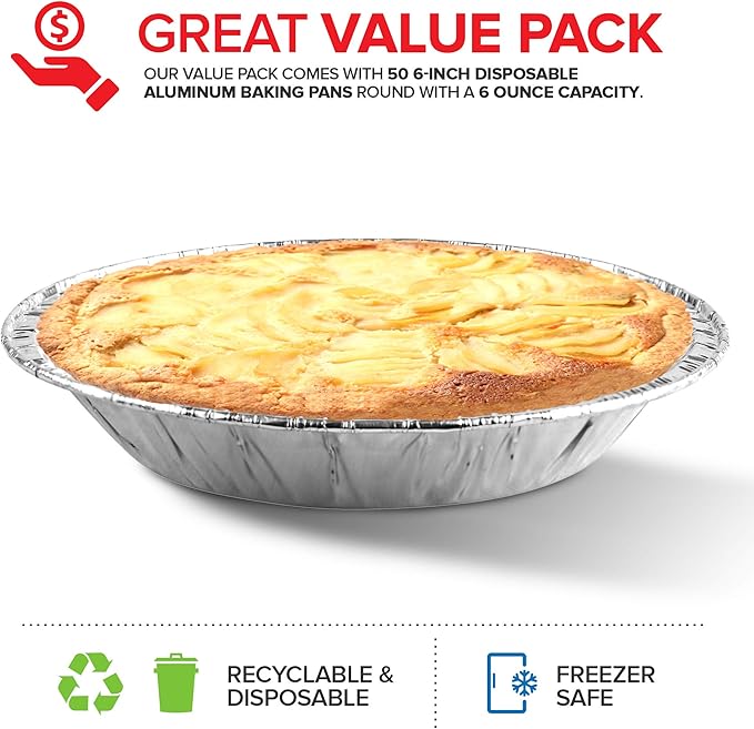 Stock Your Home 6 Inch Aluminum Foil Pie Pans (50 Count) – Disposable & Recyclable Mini Tins for Bakeries, Cafes, Restaurants – Durable Pans for Baking, Fruit Tarts, and Quiche