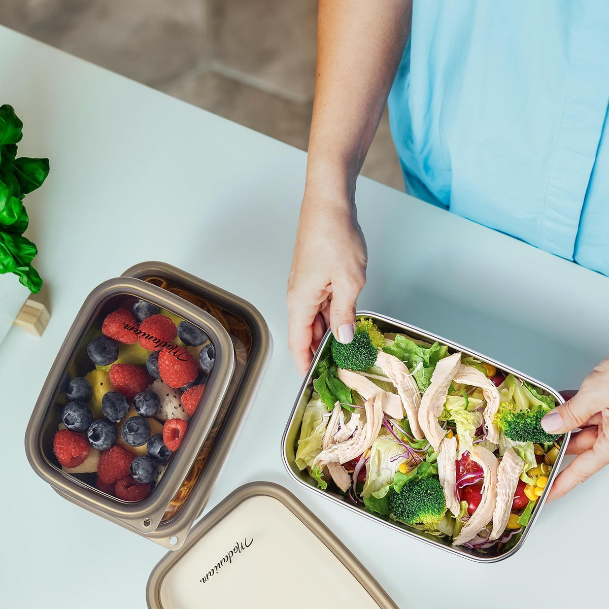 Flexibento - Stainless Steel Nesting Lunch Containers with clear Silicone Lids, Leak Proof & Dishwasher Safe|Set -20,30, 40 OZ| Bento Box | Meal prep|Metal lunch Box for adults
