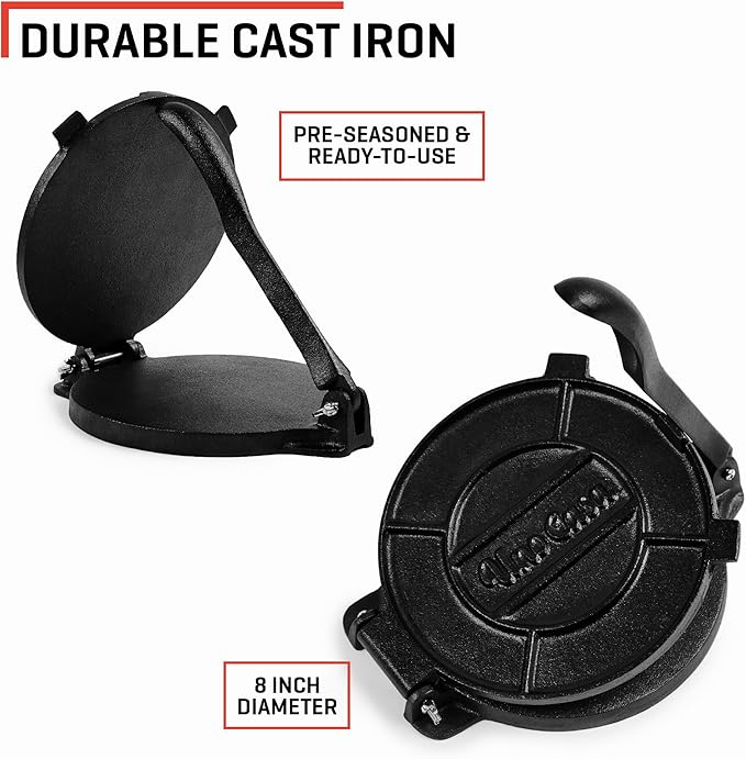 Uno Casa Cast Iron Tortilla Press 8 Inch - Tortilla Maker Press, Pre-Seasoned Roti Maker with 100 Pcs Parchment Paper - Heavy Duty Quesadilla Maker for Homemade Flatbreads, Rotis, Empanadas