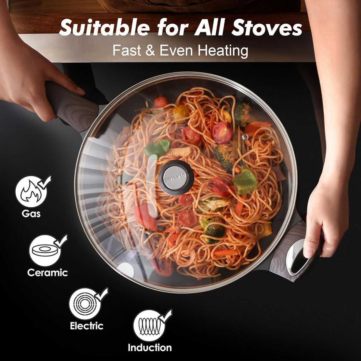 SENSARTE Ceramic Nonstick Frying Pan Skillet with Lid, 12.5 Inch Non Stick Pan Omelette Pans, Healthy Kitchen Cooking Chef's Pan, Free of Intentionally Added PFOA/PFOS, Induction Compatible, Black