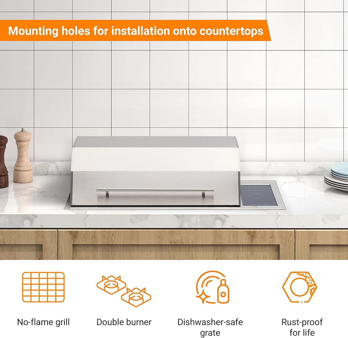 Kenyon Texan Built-In Electric Grill with Faceted Single Piece Lid and Standard Lite Touch Control, Stainless Steel Body, UL-Approved for Use Indoors and Outdoors, No-Flame Grill, 240 Volts