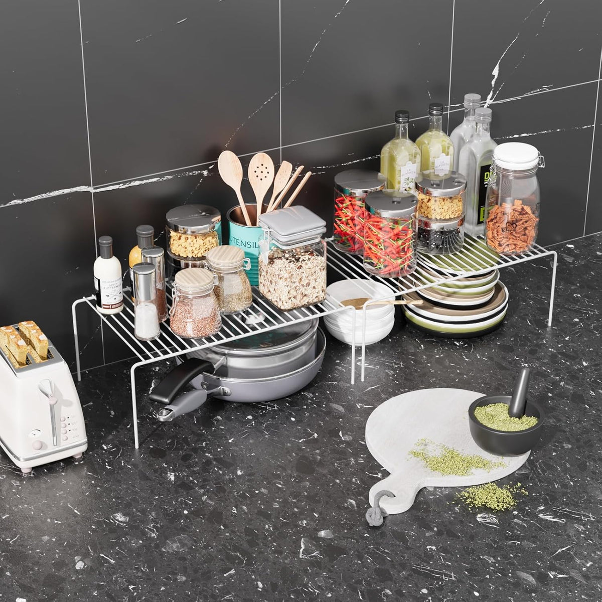 Medium(13 x 9.4 inch)White Cabinet Storage Shelf Rack Set of 6, Rustproof Metal Wire Kitchen Counter Organizers and Storage, Spice Organization for Cabinet, Plate, Dish, Pantry, Bathroom, Fridge