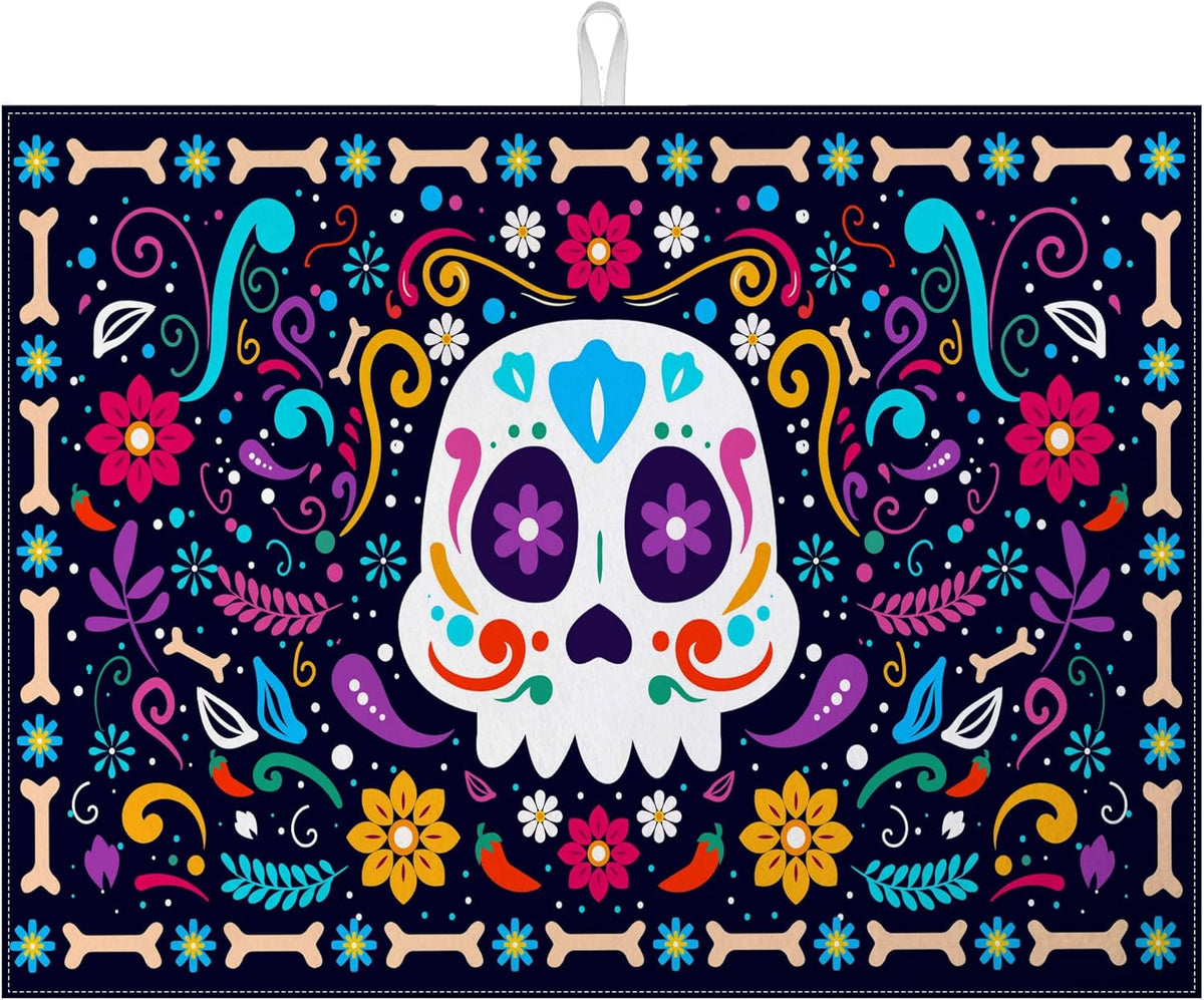 Sugar Skull Dish Drying Mat for Kitchen Counter Microfiber Absorbent Dish Day of the Dead Kitchen Drying Mat Draining Reusable Washable for Dishes/Utensils/Counterto