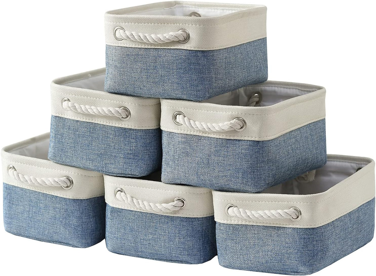 TcaFmac Storage Basket for Shelves - Small 6 Pack Fabric Storage Bins for Organizing, Collapsible Storage Cubes with Handle for Closet Cloth Toy Decorative Gift (White & Blue11.8 x 7.8 x 5.2 inch)