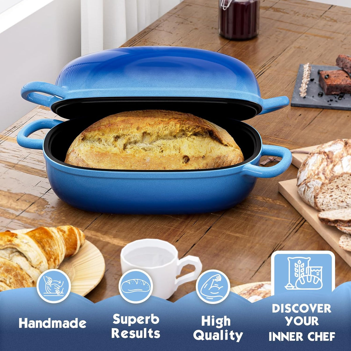 Dutch Oven for Bread Baking - 2.5QT Bread Pans for Homemade Bread Cast Iron Bread Pan Dutch Oven Loaf Pan with Lid and Loop Handles for Homemade Breadmaking