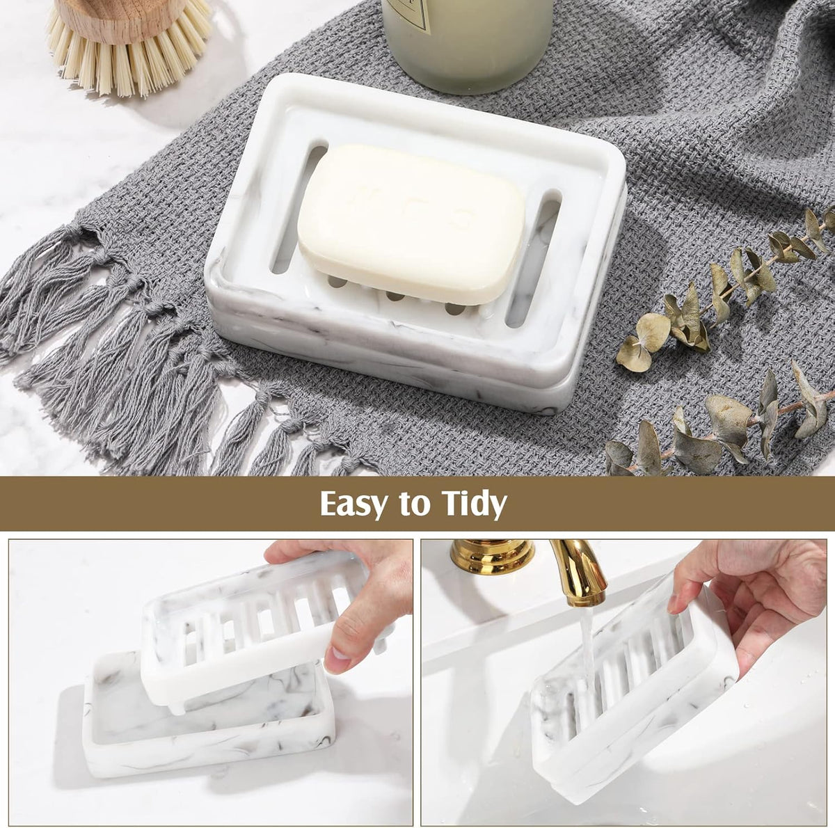 Shinowa Resin Soap Dish, Self-Draining Bar Soap Tray with Drainable Board, Dual Layer Sponge Holder for Bathroom Kitchen Shower Bathtub Sink Counter-top, Marble White