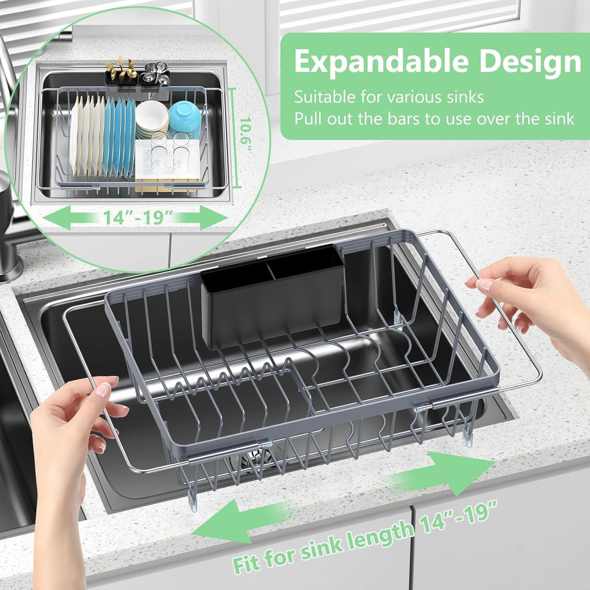 LEMIKKLE Sink Dish Drying Rack - Expandable Small Dish Rack Over Sinks with Drying Tray, Dish Drainer for Kitchen Counter with Cutlery Holder, Drying Rack Fit for 14’’-19’’ Kitchen Sink