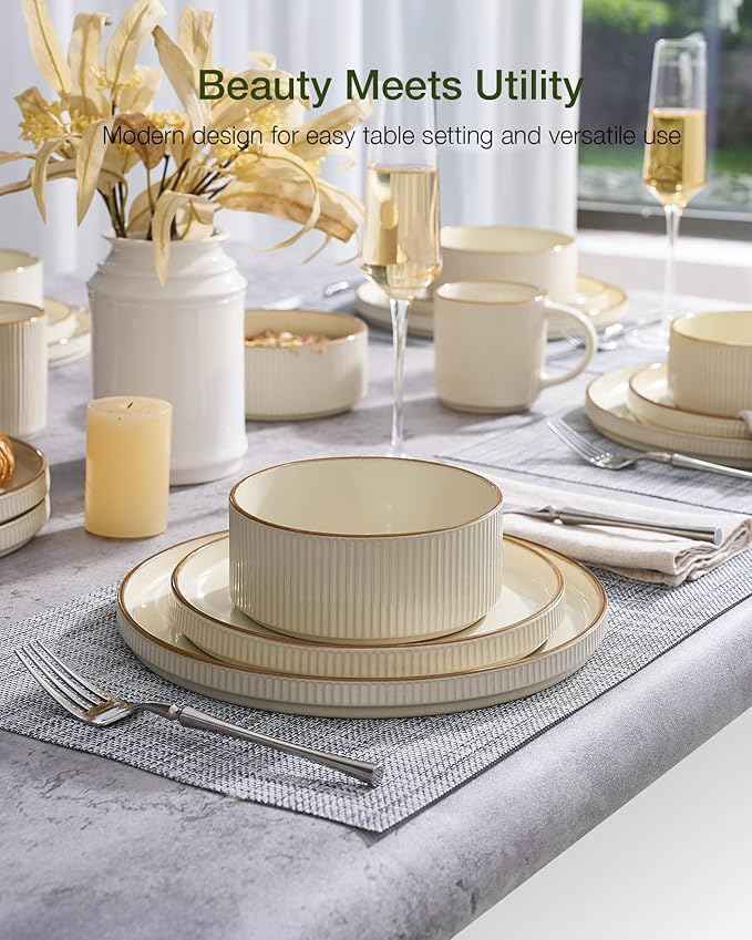 Famiware Star Dinnerware Set, Plates and Bowls Sets for 6 (18pcs), Ribbed Stoneware Dishes - Chip & Scratch Resistant, Microwave & Dishwasher Safe Kitchenware, Cream