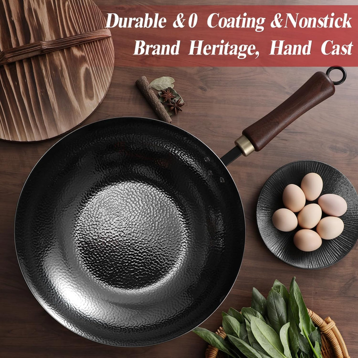 Carbon Steel Pan, 13.5″ Woks & Stir-Fry Pans with Wooden Lid Cookwares, Nonstick Wok, No Chemical Coated Flat Bottom Hand Hammered Chinese Wok For Gas