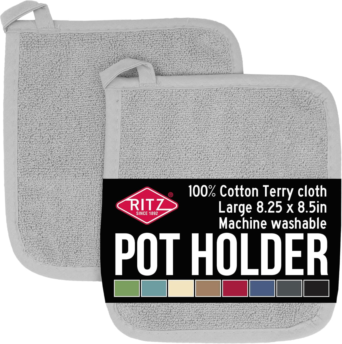 RITZ Terry Potholder & Hot Pad: Unparalleled Heat Resistant, Durable 100% Cotton – Ergonomically Designed for Optimal Grip – Easy-Care Machine Washable – 2-Pack, Titanium