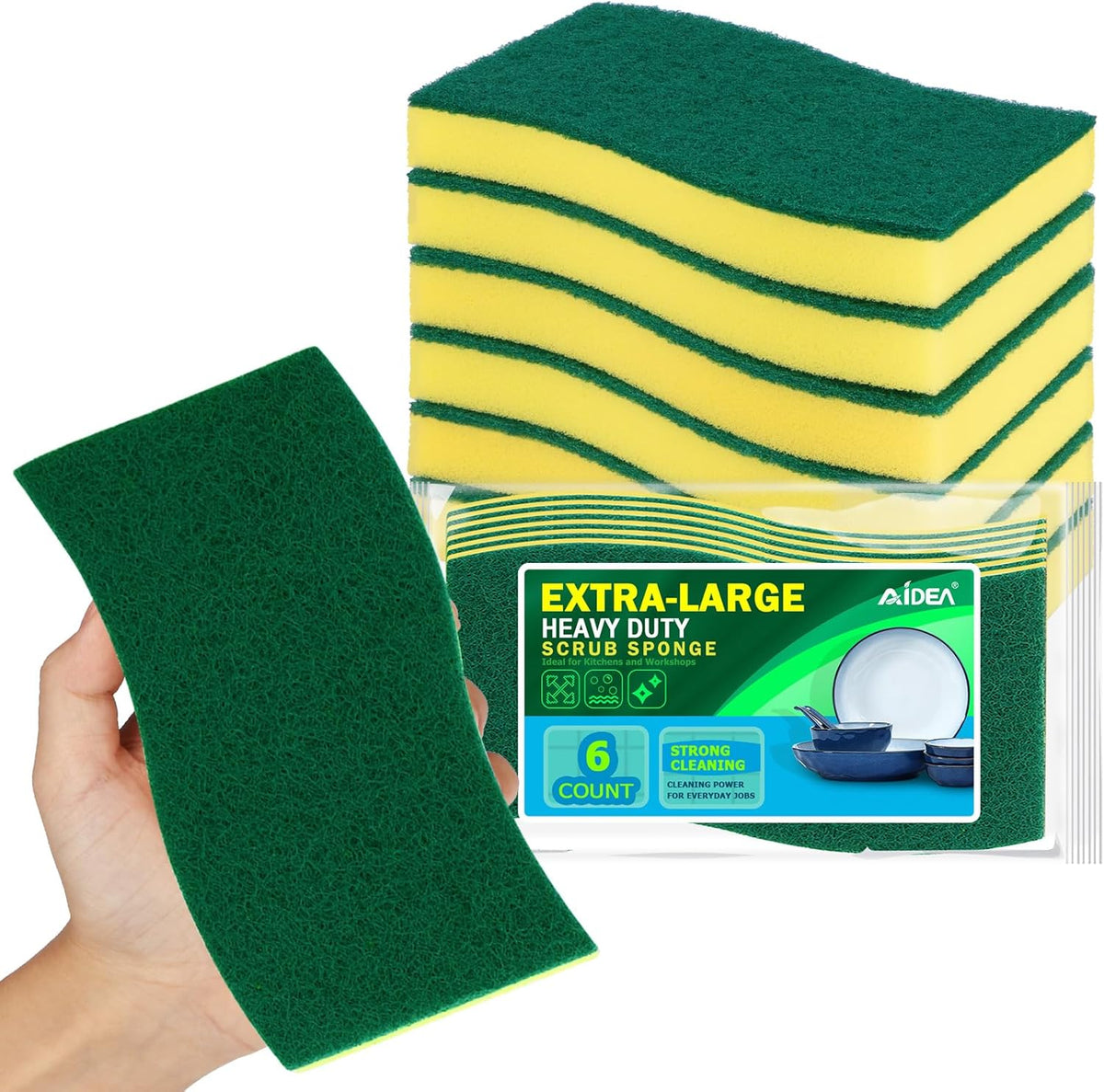 AIDEA Sponges Kitchen, XL Heavy Duty Dish Sponge, Cleaning Dish Scrubber Sponge for Home and Kitchen, Extra Large Cleaning Supplies for Pots, Pans, 6 Pack