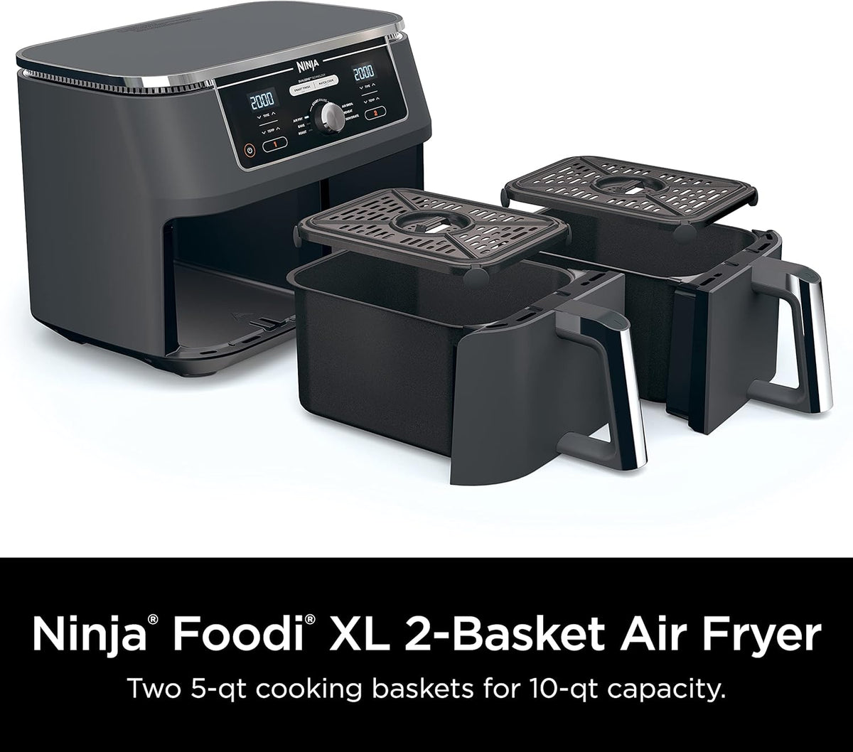 Ninja DZ401 Foodi 10 Quart 6-in-1 DualZone XL 2-Basket Air Fryer with 2 Independent Frying Baskets, Match Cook & Smart Finish to Roast, Broil, Dehydrate for Quick, Easy Family-Sized Meals, Grey