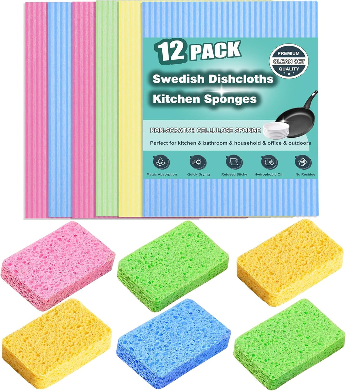 MEUUT 12 Packs Swedish Dishcloths and Kitchen Sponges for Cleaning, Reusable Absorbent Compressed Cellulose Cleaning Sponge Dish Clothes for Kitchen and Household Use
