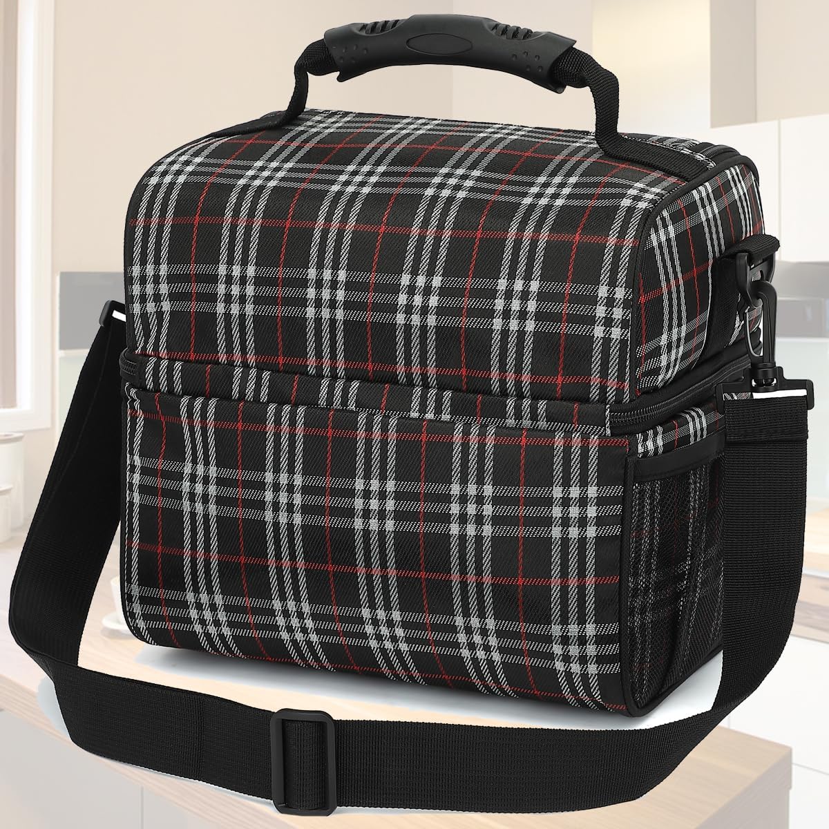 FlowFly Double Layer Cooler Insulated Lunch Bag Adult Lunch Box Large Tote Bag for Men, Women, With Adjustable Strap,Front Pocket and Dual Large Mesh Side Pockets
