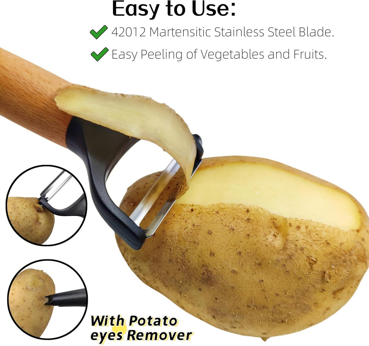 Trez Treamer 2 pack Vegetable Peelers for Kitchen, Super Sharp Wooden Potato Peeler Set Apple Cucumber Carrot Fruit Potatoes Veggie Peeler Bulk with Stainless Steel Blade，Dishwasher Safe