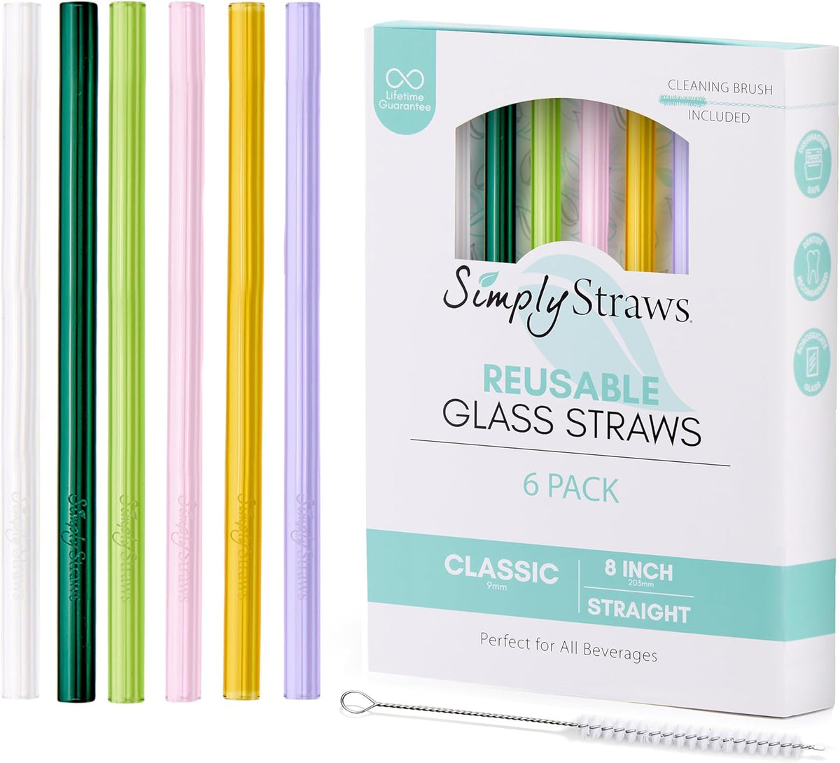 Simply Straws 8 Inch Glass Straws Straight (6-Pack) – Reusable Glass Straws for Pints & Juice Drinkware, with Cleaning Brush – Dishwasher Safe, Hot & Cold Use, BPA-Free (Meadow)