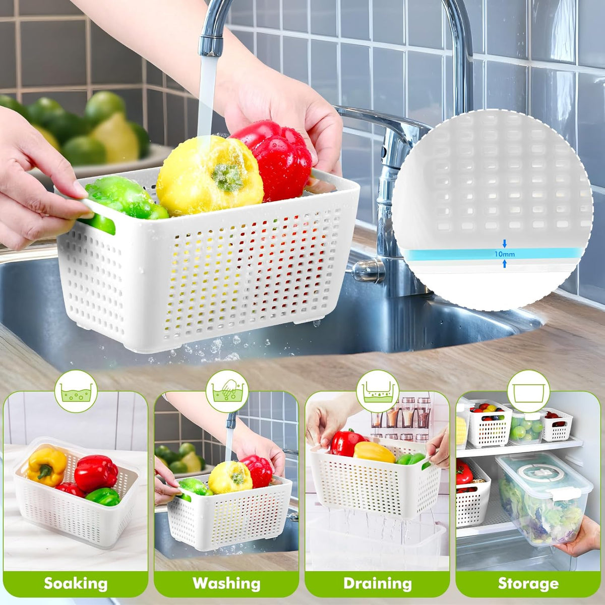LUXEAR Produce containers for fridge,3 Set Fruit Containers with Removable Colander, BPA-Free Produce Saver Containers with Lids Dishwasher&Microwave Safe Keep Fruits, Vegetables, Berry, Fresh Longer