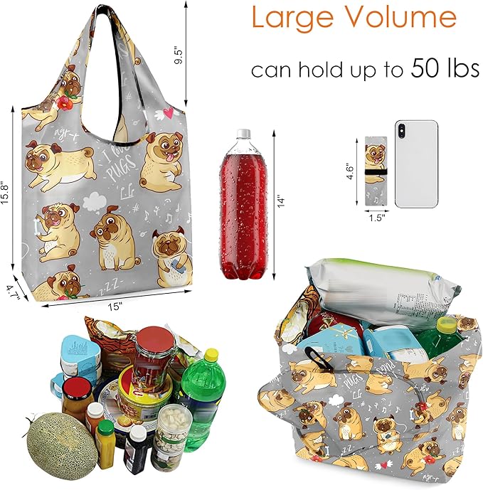 BeeGreen Dog Lover Gifts for Women Animals Reusable Grocery Bags Shopping Bags Bulk 6 Pack 50LBS X-Large Foldable-Machine Washable Shepherd Collie Bulldog Dog Paws Pet Bags