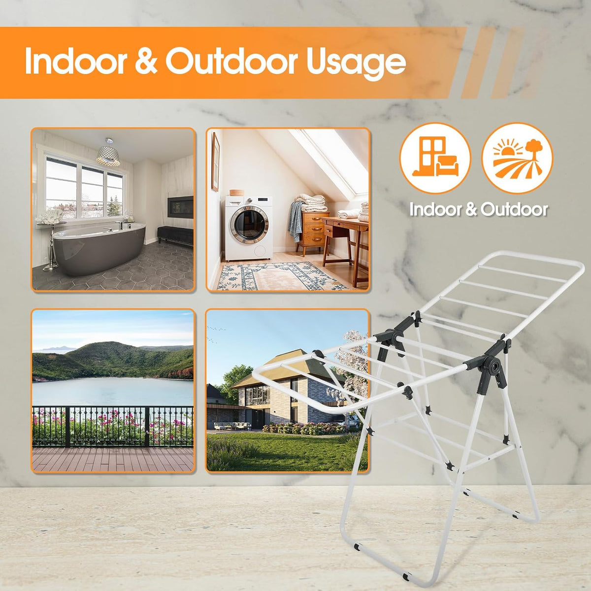 Clothes Drying Rack, Metal Foldable Laundry Drying Rack, with Adjustable Height Levels Wings, Space Saving, Indoor Outdoor Use, White Free-Standing Airer