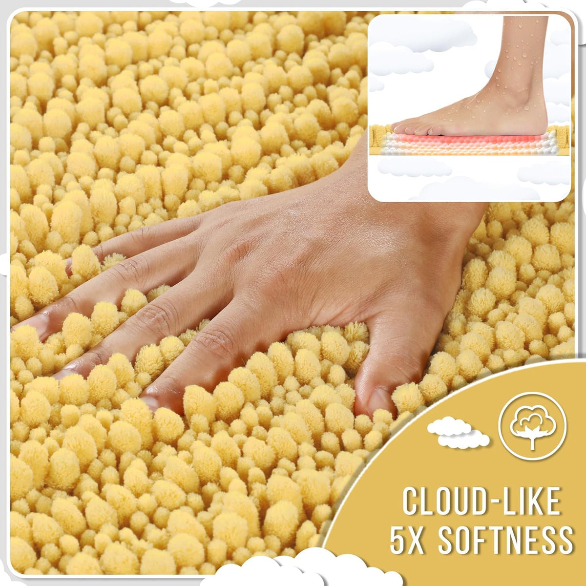 Yimobra Bathroom Rugs Non Slip Washable 32x20 Inch - Ultra Soft Absorbent Chenille Bath Mat, Quick Dry Shaggy Floor Carpet for Tub Shower, Yellow Home Decor Accessories