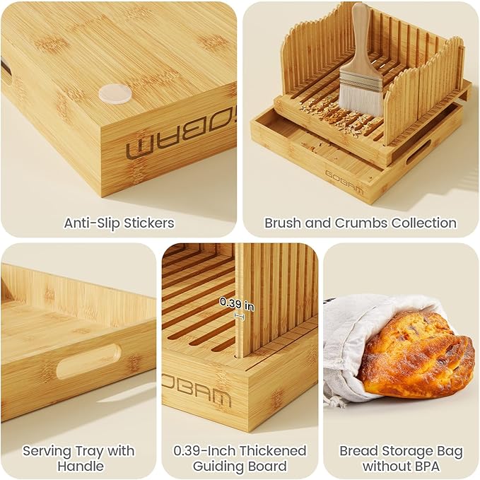 Gobam Adjustable Bamboo Bread Slicer, Fits Bread up to 6.4”H & 10”W, Extra-Large & Tall Design for Sourdough & Homemade Loaves, 3 Thickness Settings, Crumb Tray, Foldable, Ideal Gift for Bread Lovers