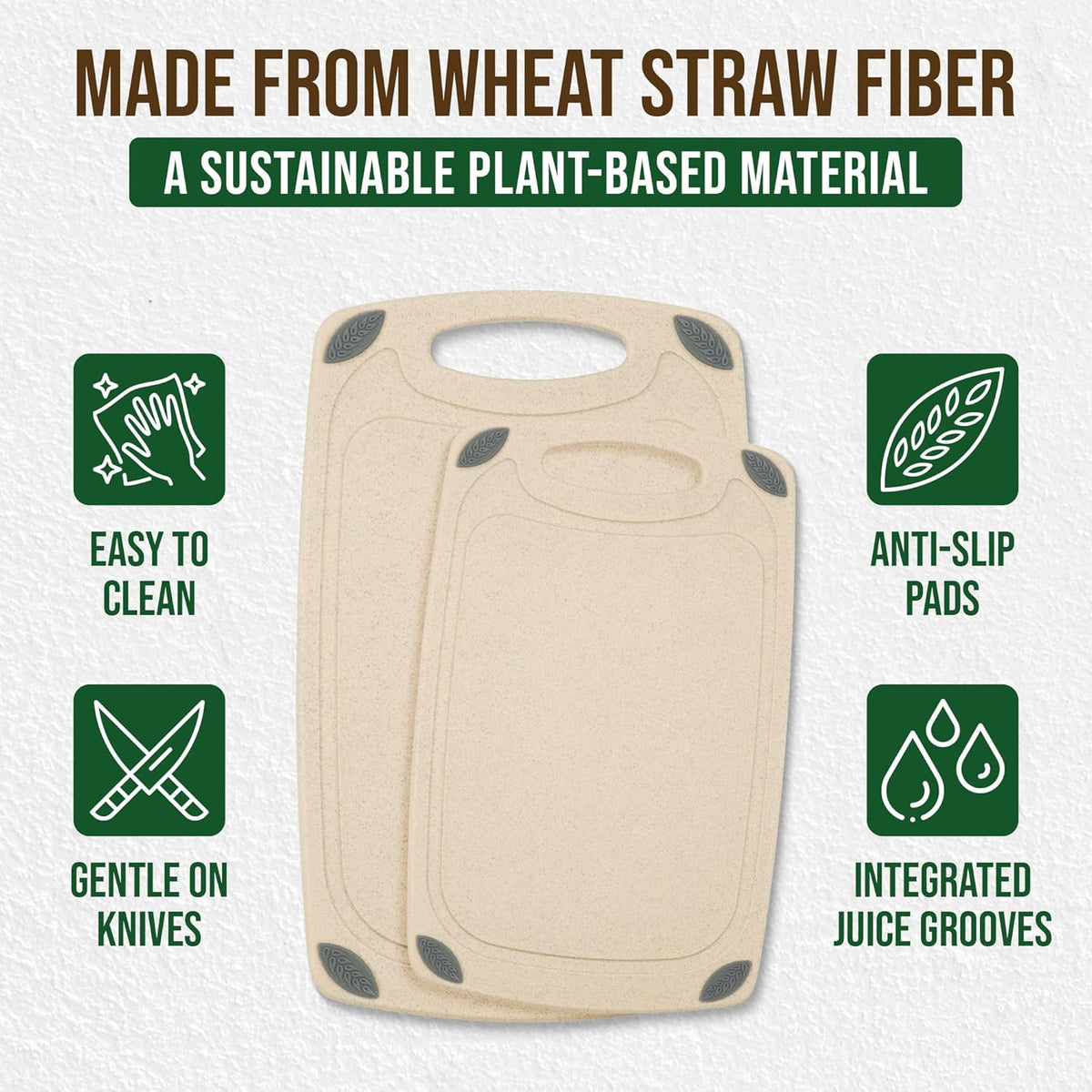 2-Piece Reversible Cutting Board Set Made from Natural Food Grade Wheat Straw Material - Eco-Conscious Alternative to Plastic - Gluten Free & BPA Free Chopping Boards for Kitchen