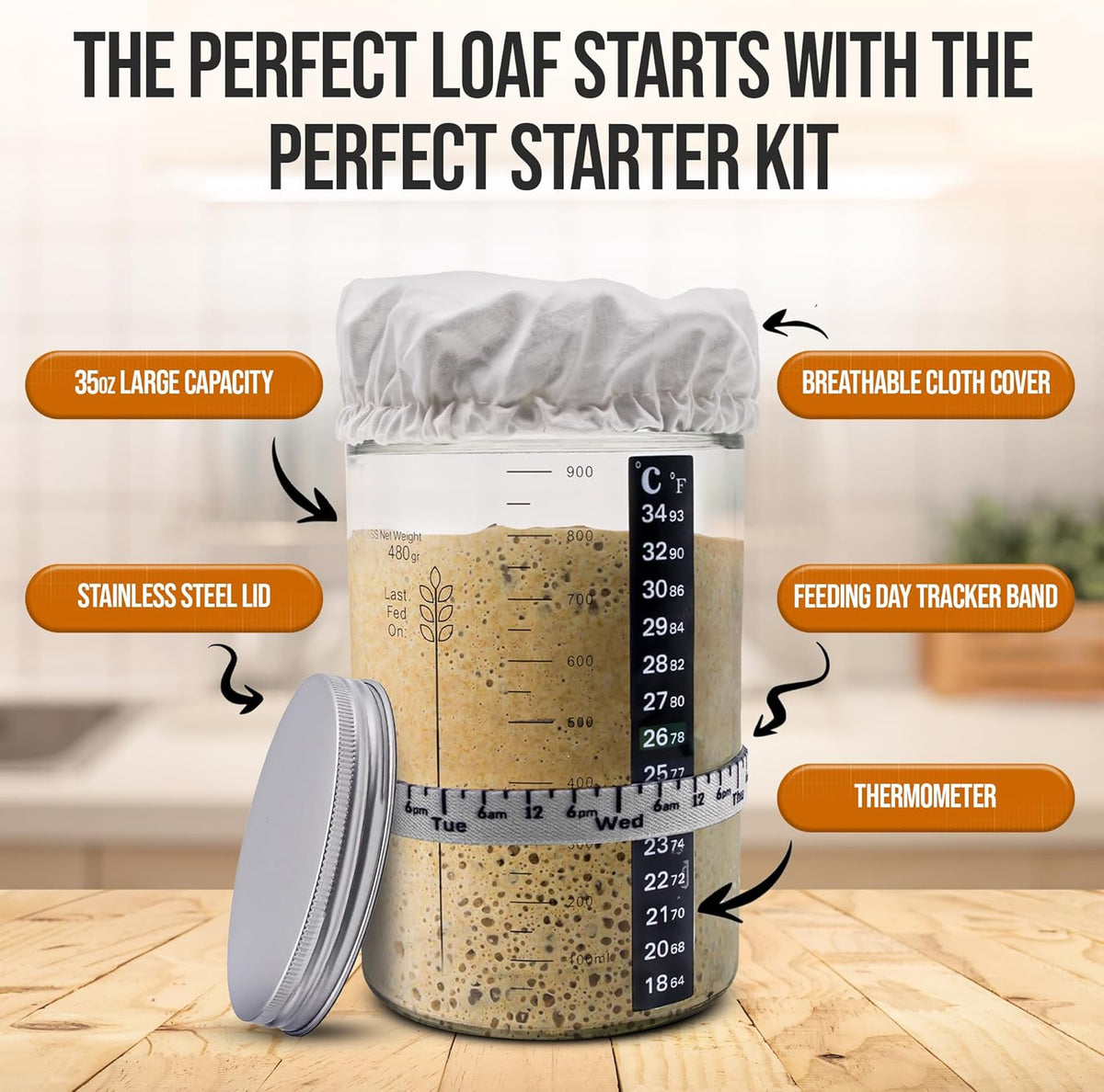 Sourdough Starter Kit - 34oz Large Capacity Glass Fermentation Jar with Lid, Silicon Spatula, and Measuring Spoons - Beginner Sourdough Starter Kit, Sourdough Bread Baking Supplies, Fermentation Kit