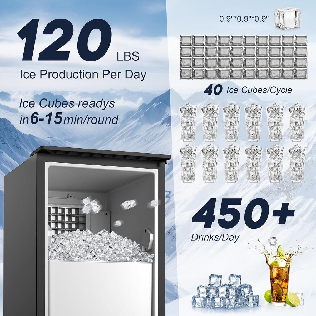 120LBS/24H High Output - Commercial Under Counter Ice Maker with 30LBS Storag e- Reversible Door, Built-in/Freestanding Design, Self-Cleaning & 24H Timer - for Home Bars, Restaurants & Commercial Use