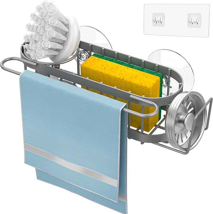 Cisily Grey Kitchen Sink Caddy Sponge Holder in the Sink, Stainless Steel Kitchen Organizer, Brush Holder, Dish Cloth Hanger 2 Installation Ways (Suction & Adhesives