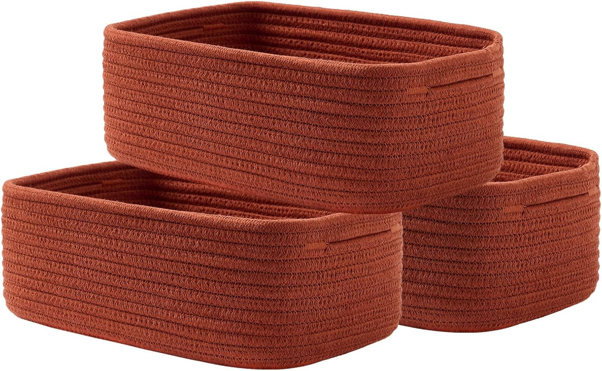 Small Woven Basket, 12 x 8 x 4.5 Inches, Storage Basket for Organizing, Cute Small Rope Shelf Closet Cube Storage Bins Baskets for Shelves, Dog Toy Gift Baskets Empty, 3 Pack Rust Red