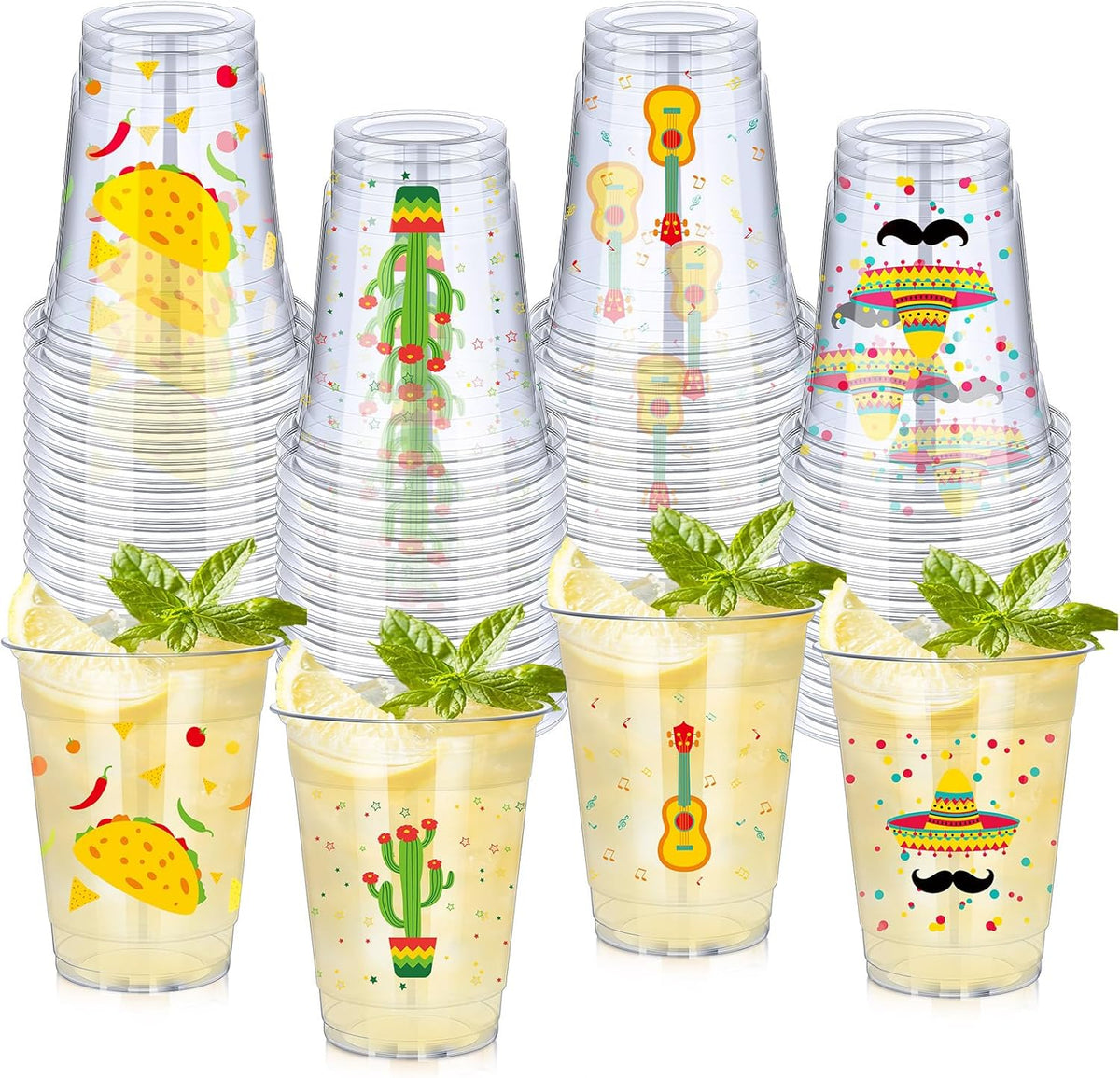 meekoo 100 Pack 12 oz Fiesta Cups Plastic Mexican Cups Clear Disposable Mug Cinco De Mayo Party Decorations for Fiesta Taco Birthday Party Drinkware Supplies, 4 Styles