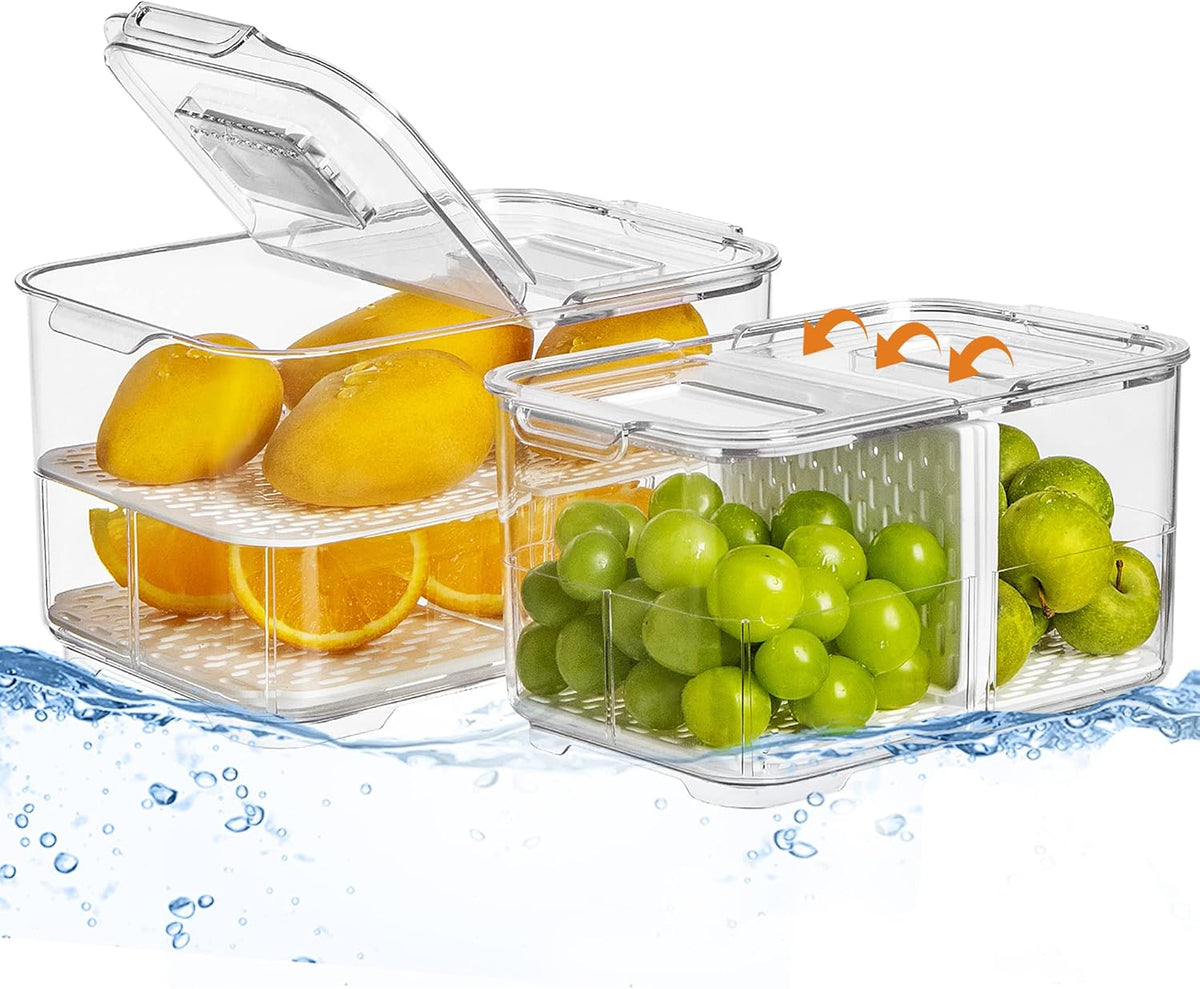 vacane Produce Saver with Folding Lids,2 Piece Fruit Vegetable Storage Container with Vents Stackable Fridge Drawers Organizer Salad Lettuce Keeper For Refrigerator,Bpa-free Fresh Keeper,5.7L&2.8L