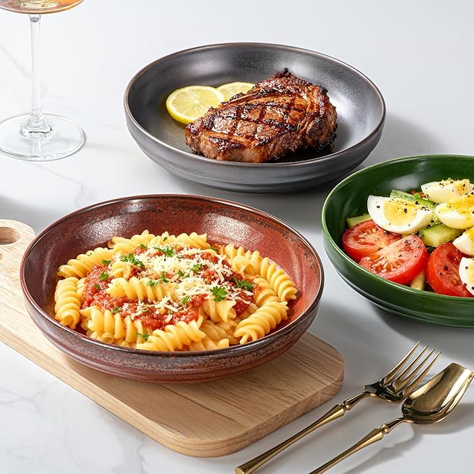 HAPPY KIT 9'' Large Pasta Bowls, 42 Oz, Stoneware Reactive Glaze Salad Bowl Set of 4, Ceramic Serving Bowls for Fruit,Soup,Noodle, Dinner, Scratch Resistant, Rust Red