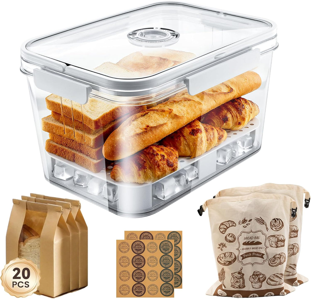 Bread Box Set.11in Bread Storage Box with 2 Linen Bread Bags,and 20 Thick Paper Bags,and 32 Sealed Stickers,Time Recording Bread Keeper for Homemade Breads,Toast,and Cookies.
