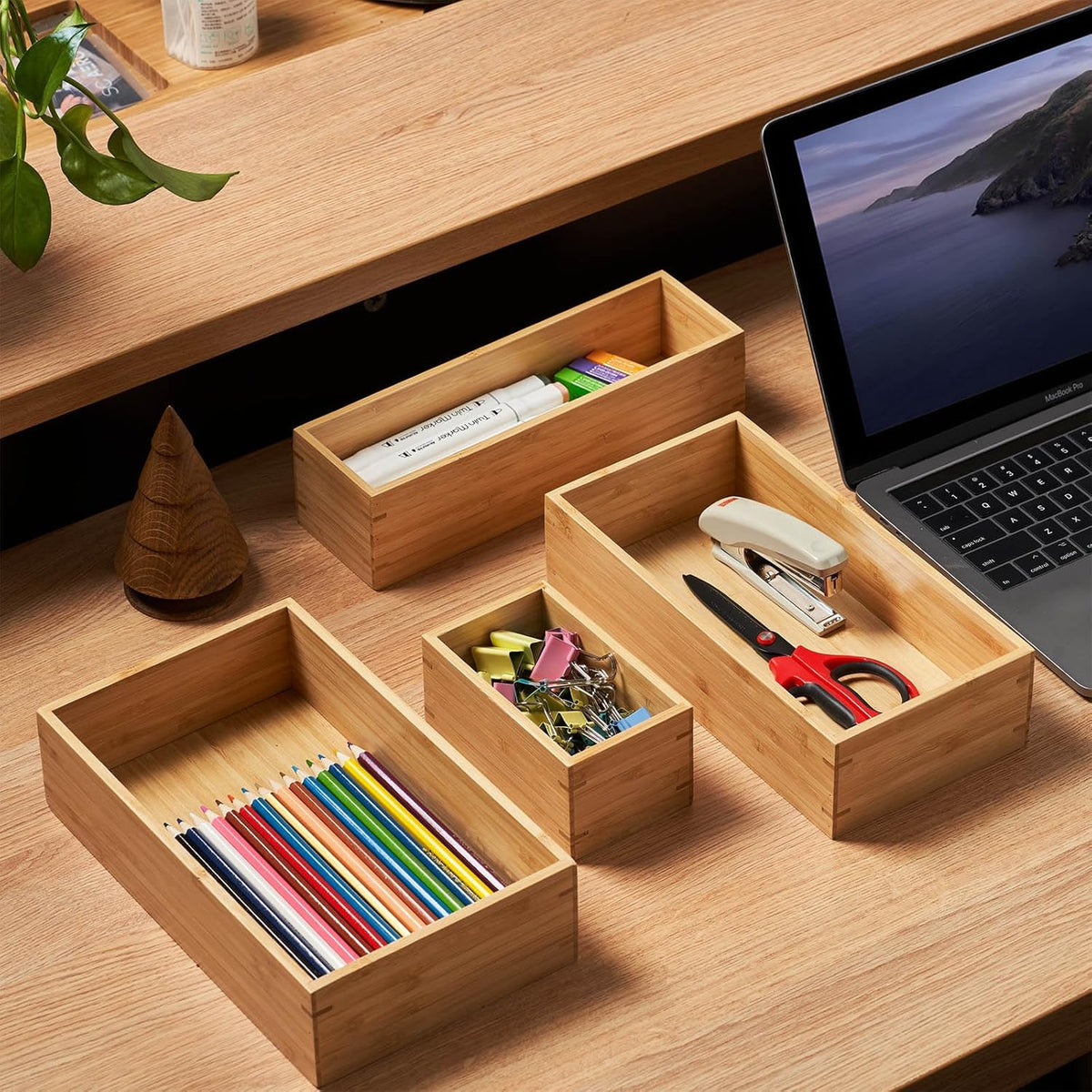 Umilife Bamboo Kitchen Drawer Organizer, Extra High Silverware Tray, Flatware Cutlery Storage Box, Multi-Use Holder in Office, Bathroom, Pantry - 12"x3"x2.5" (Set of 2)