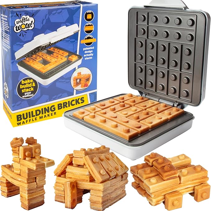 Building Brick Electric Waffle Maker- Cook Fun Buildable Waffles or Pancakes- Make Houses, Cars & Animals Out of Stackable Waffles- Bite Sized for Kids, Nonstick Waffler Iron Machine w Recipe Guide