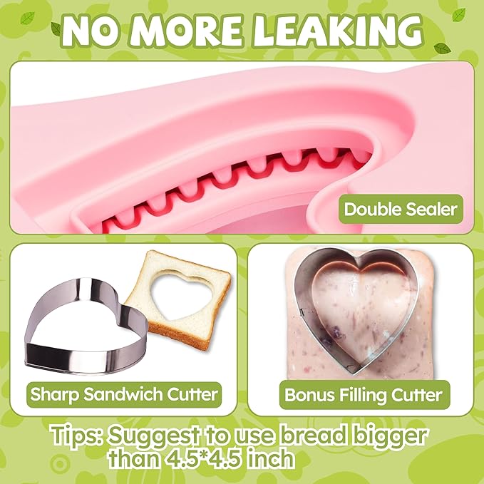 LEPCY Uncrustables Sandwich Maker Sealer Cutter, Crustless Sandwich Cutter, PB&J Uncrustable Maker - Color Pink, Heart Shape