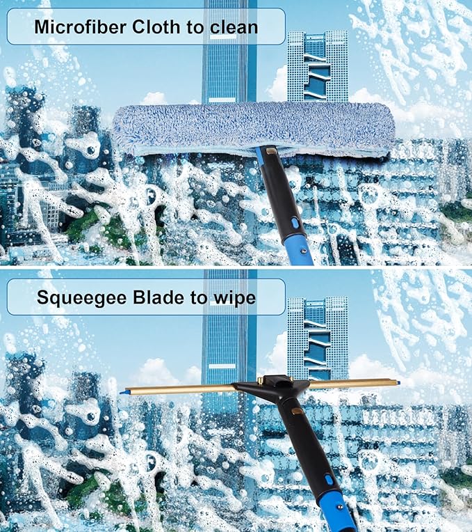 Swivel Squeegee Kit with 4 Extension Poles,Glass Scraper, Bendable Duster, 2 Window Scrubber Cloth for Glass, Car, Floor, Home,Garden