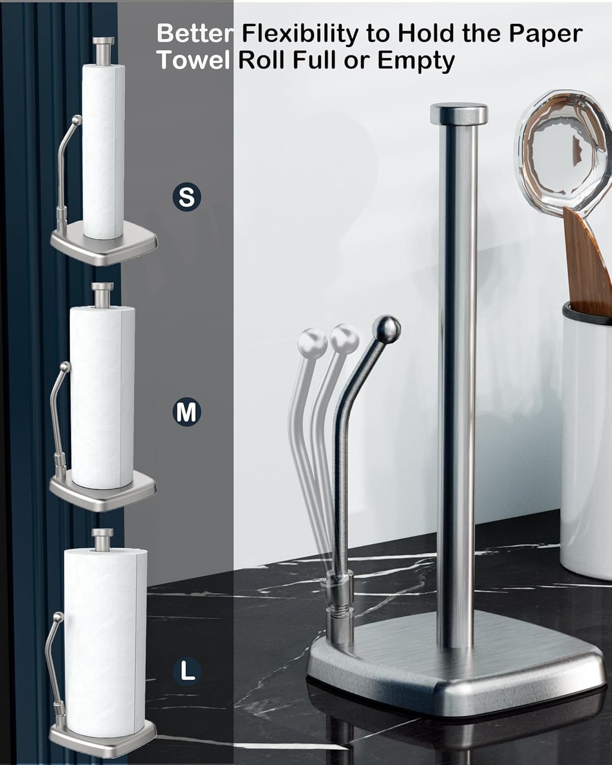 Paper Towel Holder Countertop, Paper Towel Dispenser Standing Weighted Base Non-Slip, Spring Arm Fit Most Size Paper Roll, Stainless Steel Paper Towel for Home Kitchen Tabletop, Sliver