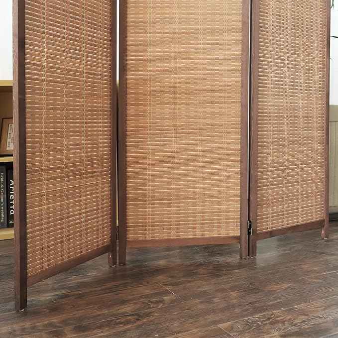 3 Panel Bamboo Room Divider and Folding Panel Screen,Bamboo Panel Divider for Room Separation,Brown,67" H x 46" W