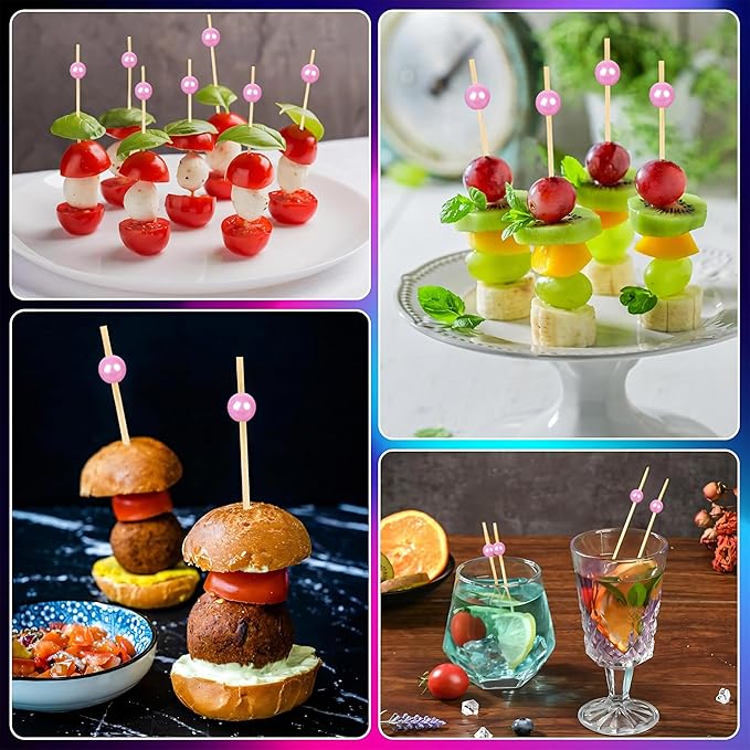 300Pcs Fancy Toothpicks for Appetizers,4.7Inch Pink Pearl Cocktail Picks For Drinks,Bamboo Appetizer Skewers for Charcuterie Boards Accessories,Martini, Sandwich,Desserts,Fruit,Pink Party Decorations