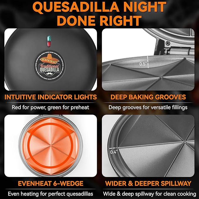 Baker's Friend Electric Quesadilla Maker with Extra Stuffing Design, 9.5 Inch with Easy Slice 6 Wedge, Non Stick Surface, Non-Slip Feet, Grilled Cheese Maker Machine, Graphite Black