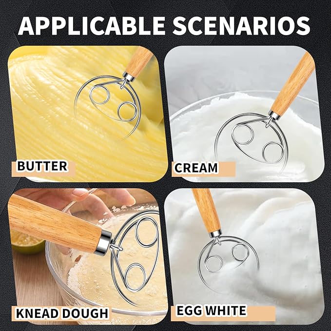 Danish Dough Whisk Stainless Steel with Dough Hook Dutch Style Bread Mixer Tool for Sourdough Baking